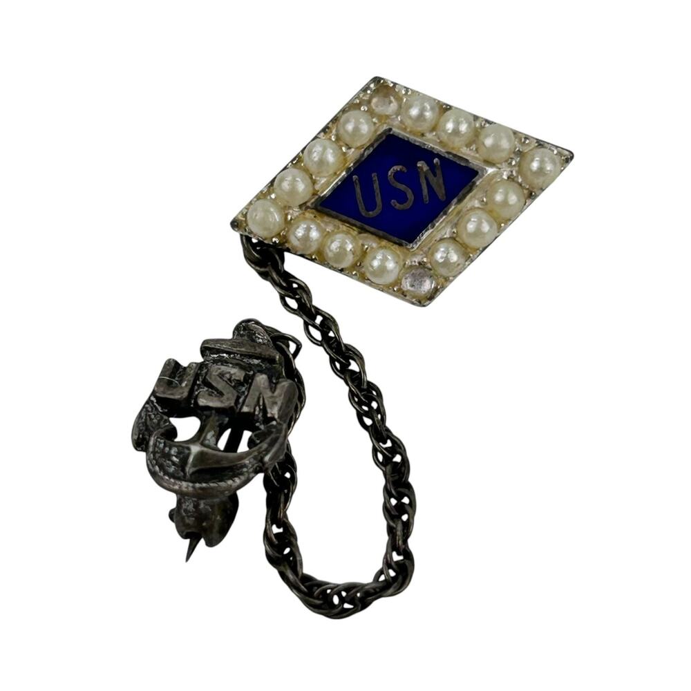 Vintage US Navy Pin Tie Tack Lapel Pin USN Chain Stamped Sterling w Faux Pearls